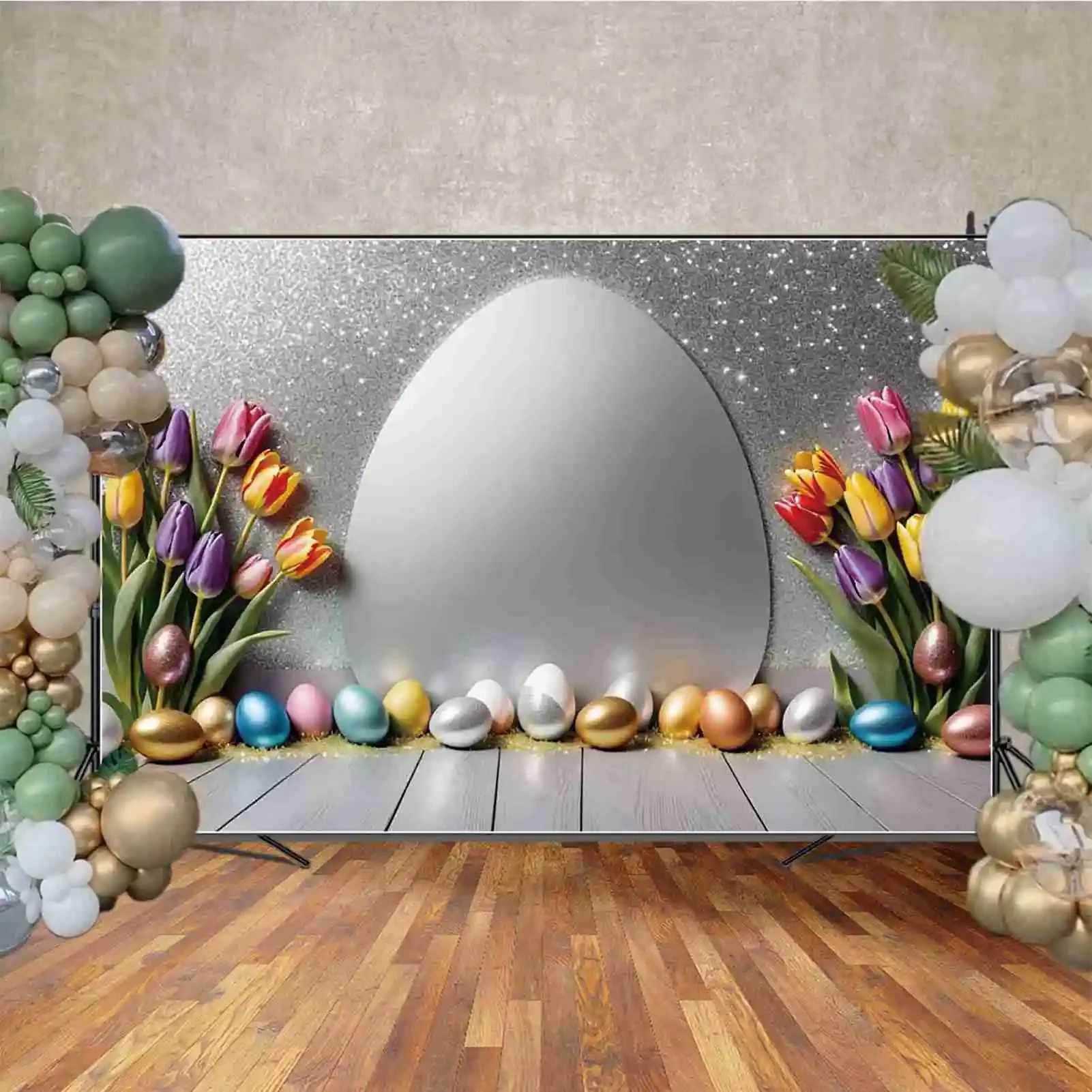 MOON.QG tulipani uova festa di pasqua fotografia sfondo rosa blu rosso oro argento Glitter sfondo Banner Poster Photocall puntelli