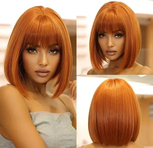 

Short Straight Synthetic Wigs Ginger Brown Bob Wigs with Bangs for Women Cosplay Daily Natural Hair Wig Heat Resistant Fiber