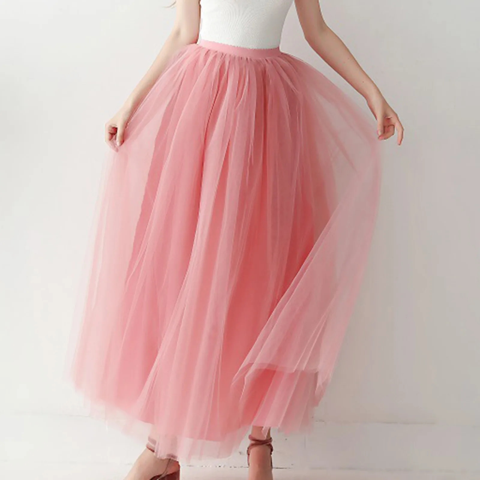 

Women's High Waisted Large Swing Long Skirts Elastic Waist Casual Party Tutu Puffy Mesh Half Body Skirt Solid Color Falda Mujer