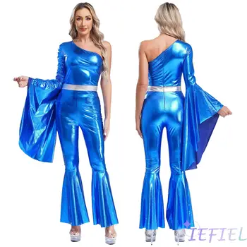 Mulheres dancewear 70s discoteca vintage macacão metálico manga alargamento bodysuit hippie sino inferior jazz dança carnaval rave festa terno