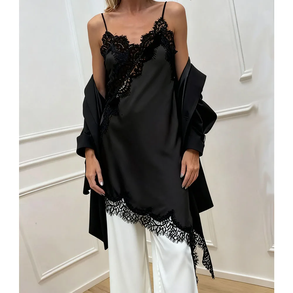 Frauen Sexy Satin Spitze Leibchen Mini Kleid Vintage Ästhetischen Ärmellose Spaghetti Strap Seide Cami Asymmetrische Slip Kleid