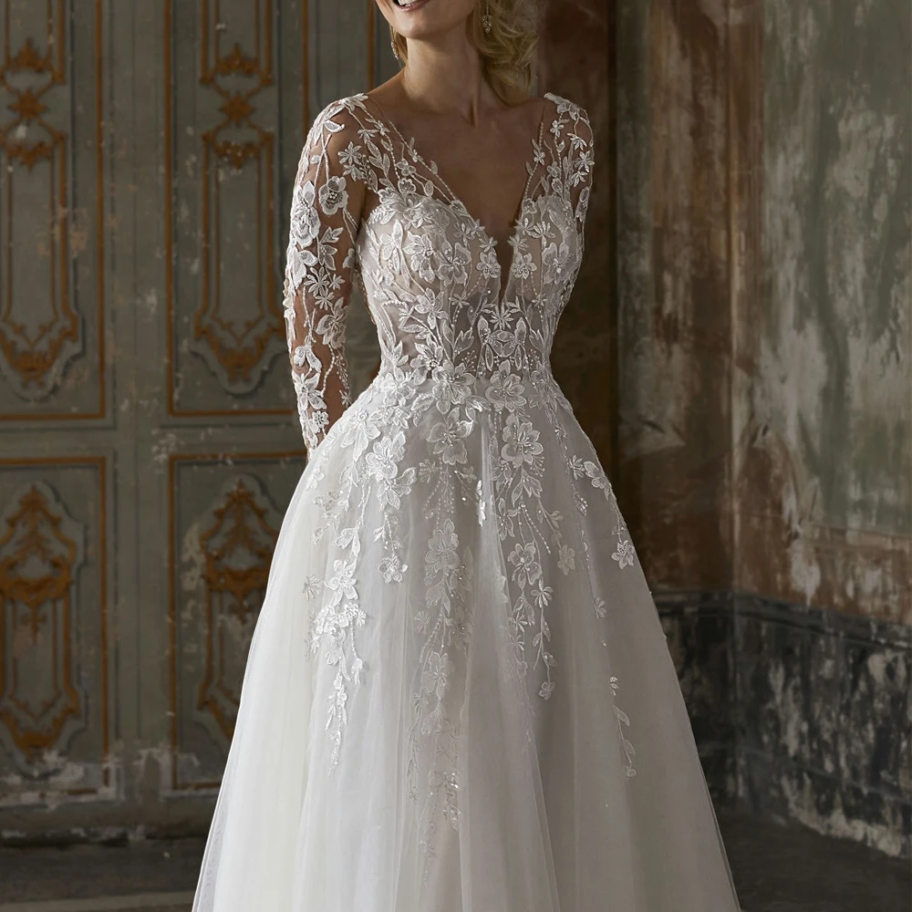 Customized Deep V Neck Wedding Dresses A Line Full Sleeves Bridal Grown Applique Lace Zipper Open Back Vestido de novia Illusion