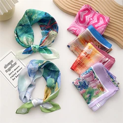 Fashion Rainbow Print Small Neckerchief 53*53cm Silk Satin Square Scarf Striped Hair Bandana Female Head Scarves Shawl Foulard