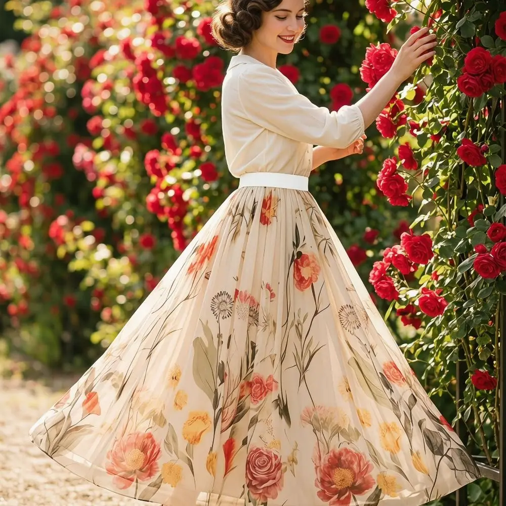 Fashionable Elastic Waist Women Printed A-line Skirt Mesh Overlay Flower Embroidery Long Skirt Pleated High Waist Skirts Travel