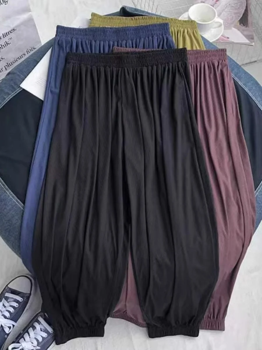 

Мужские повседневные брюки больших размеров из ледяного шелка на шнурке, свободного кроя, летние, в стиле фонариков, в гонконгском ретро-стиле, с высокой талией