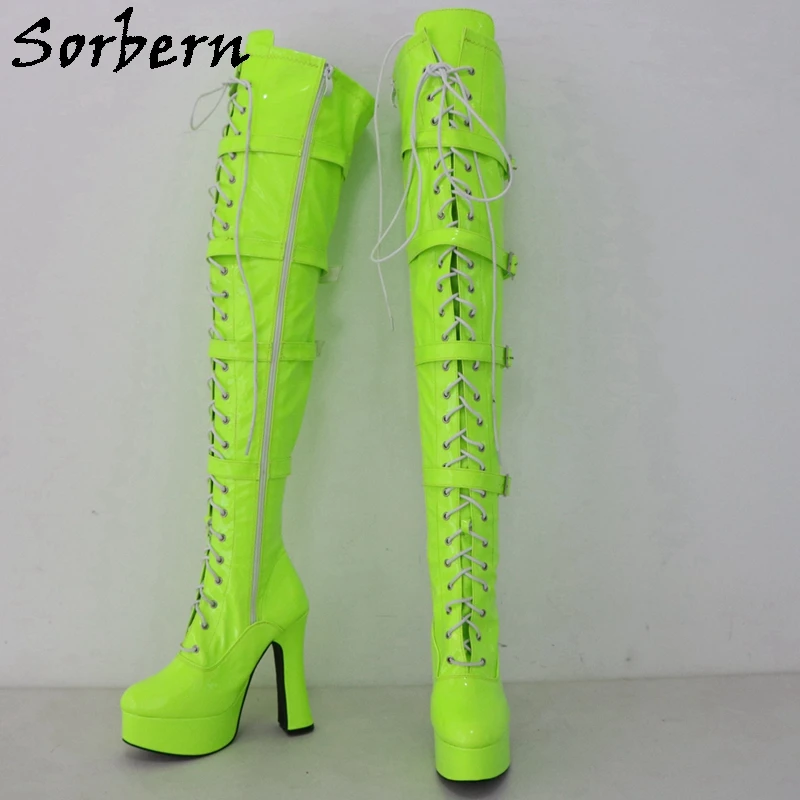 Sorbern Custom Neon Green Mid Thigh Boot Women Chuk 12Cm Spool Heel Platform Lace Up Goth Punk Cosplay Fetish Boot Multi Color