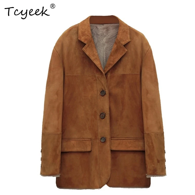 Tcyeek Prawdziwa Wełna Jesienno-Zimowa Elegancka Modna Kolor Milard Średniej Długości Damska Wełniana Peleryna z Wełny Jagnięcej Futro Fourrures Femme