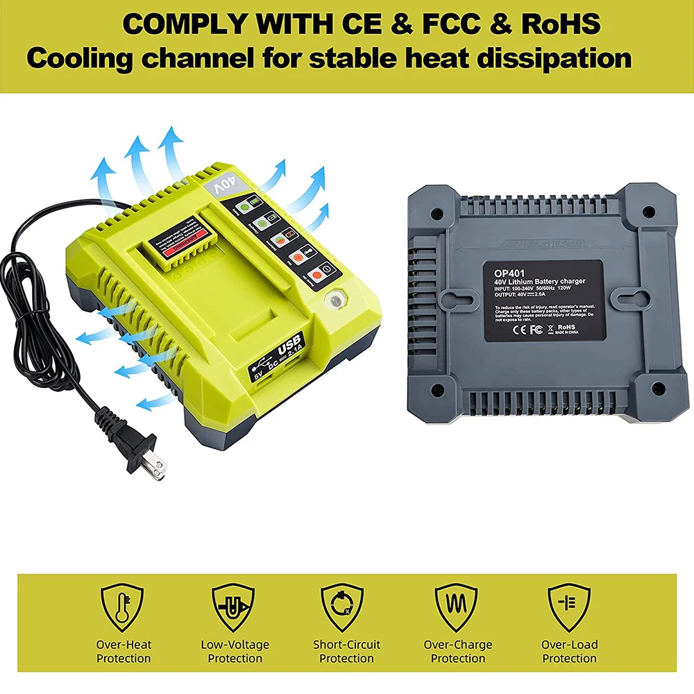 Imagem -05 - Carregador de Bateria de Iões de Lítio para Ryobi 40v Bateria Li-ion Op4050a Op4015 Op4026 Op4030 Op4040 Op4050 Op400a Op403a Zrop401