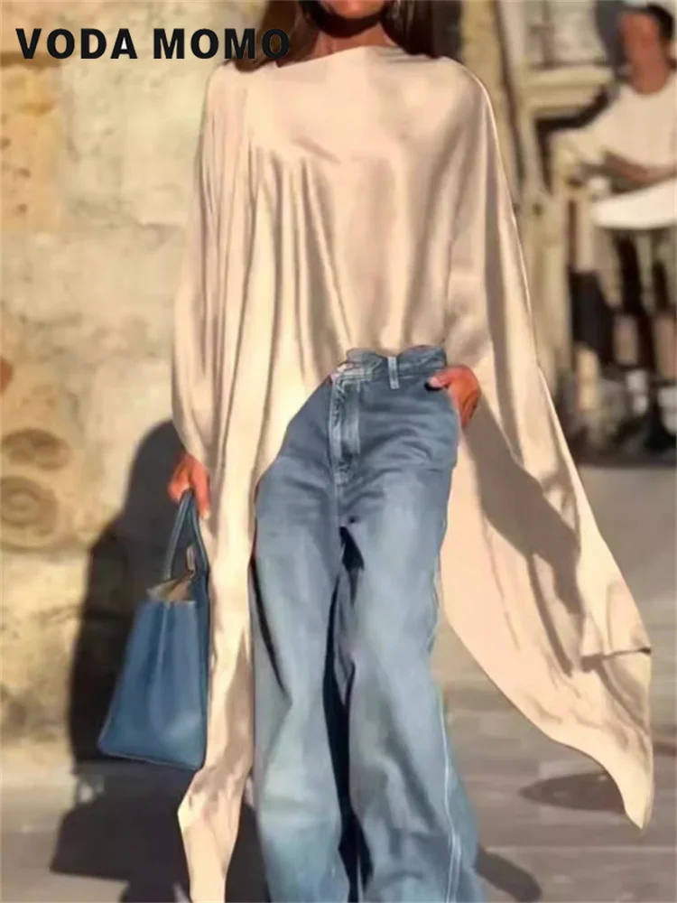 Chemisier et chemises longues pour femmes, couleur unie, ourlet irrégulier, ample, décontracté, manches chauve-souris, col rond, tendance, haut de vacances pour dames