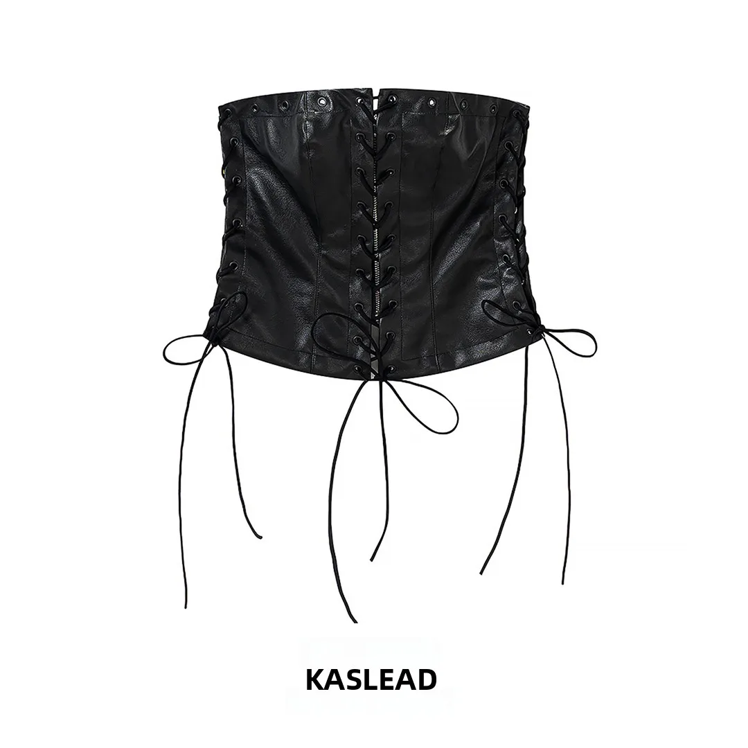 KASLEAD New Women's Fashionable Minimalist Versatile Slimming Strap Leather Tube Top Short Length Zipper Closure Polyester Fiber