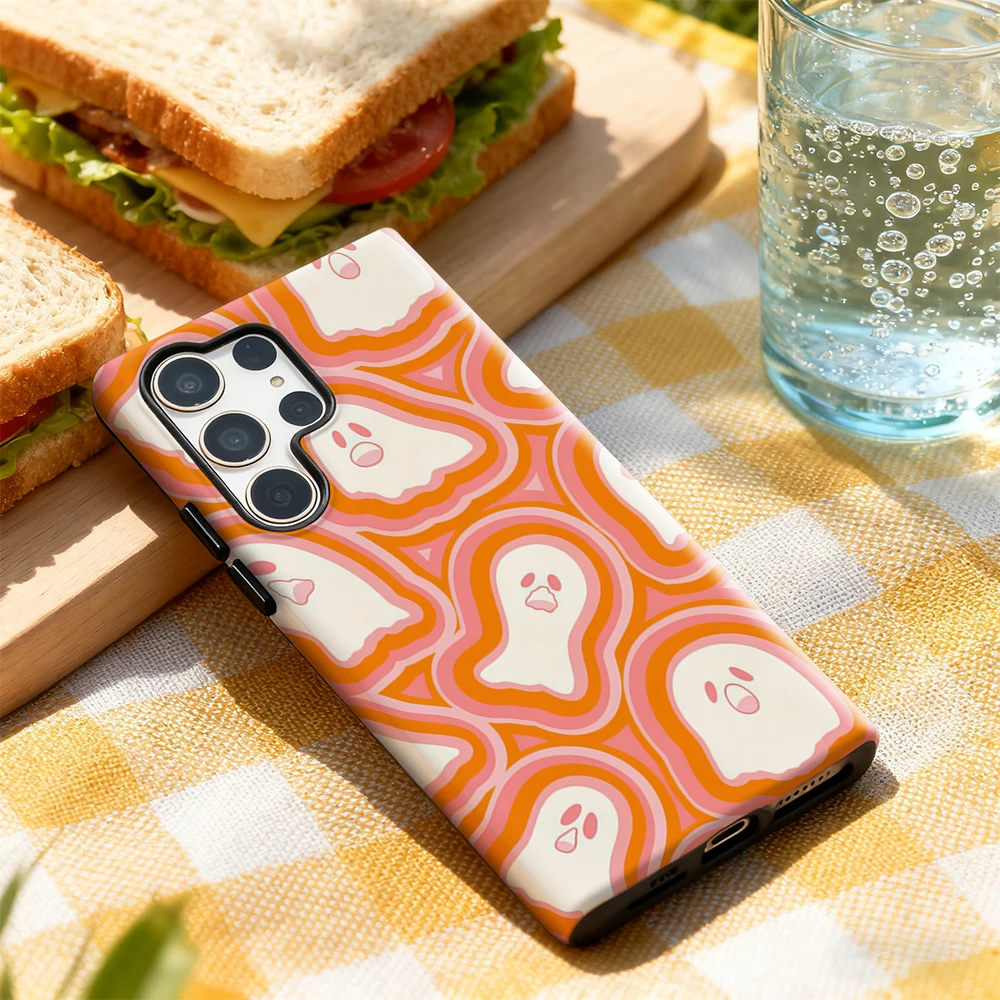 Orange and Pink Ghosts Halloween Phone Case for Samsung Galaxy S25 Ultra S24 S23 Ultra Plus Glossy Double-layer Back Cover