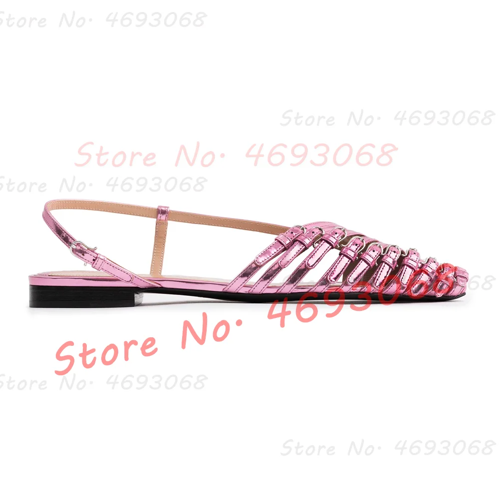 Red Multi Buckle Straps Flat Sandals Women Stylish Back Strap Pointy Toe Comfy Shoes Trendy Belt Buckles Metallic Leather Sandal