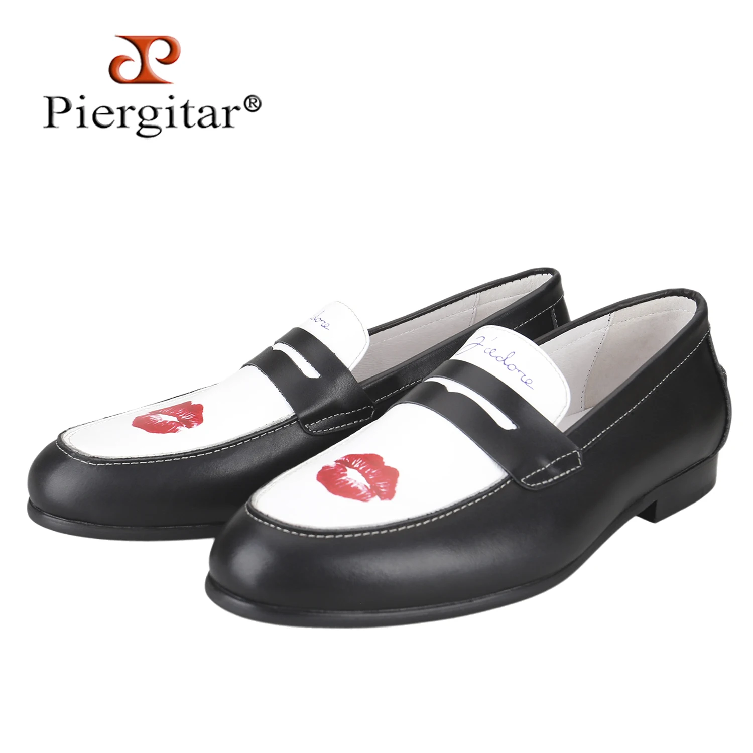 Piergitar Off-White And Black Premium Leather Wilde Penny Loafers With Custom Kiss Print For Year-Round Wear Handmade Men's Flat