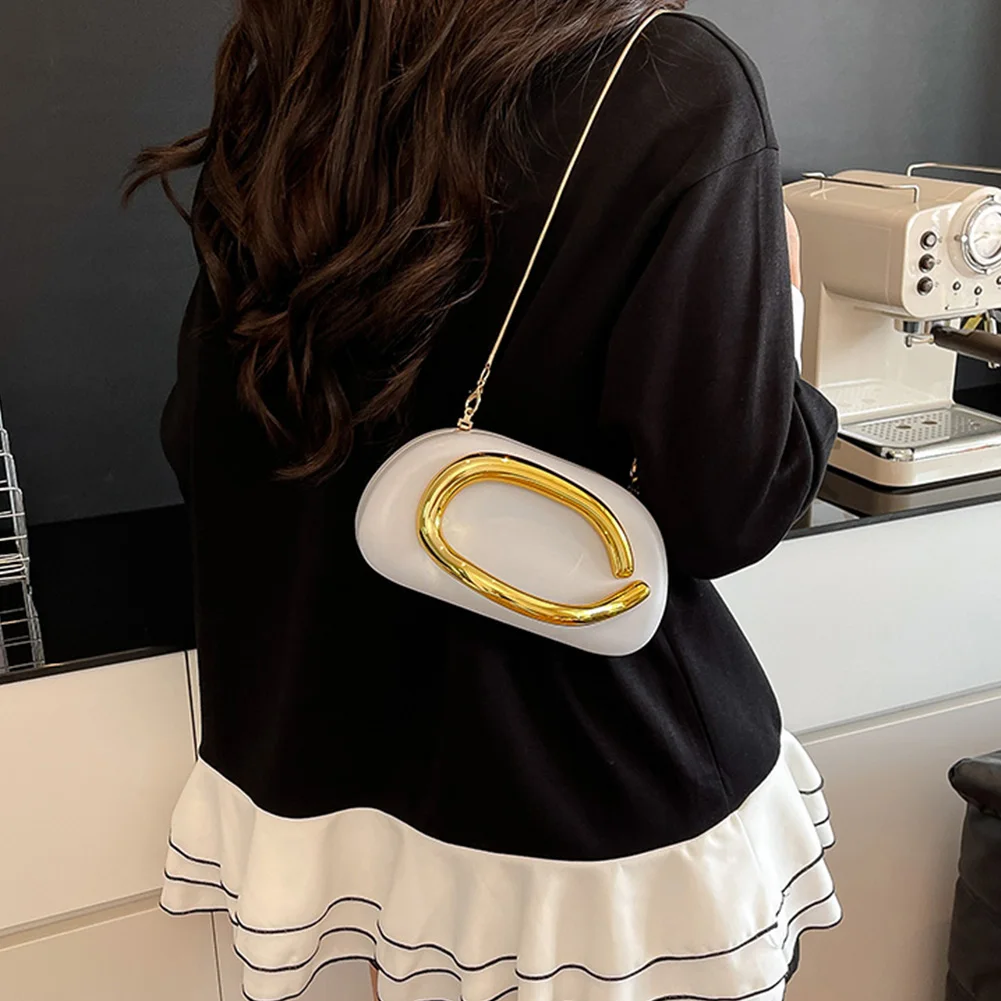 Women PU Leather Metal Handle Handbag & Removable Strap Trendy Clutch Purses Hand-held Shoulder Clutch Bag for Evening Dinner
