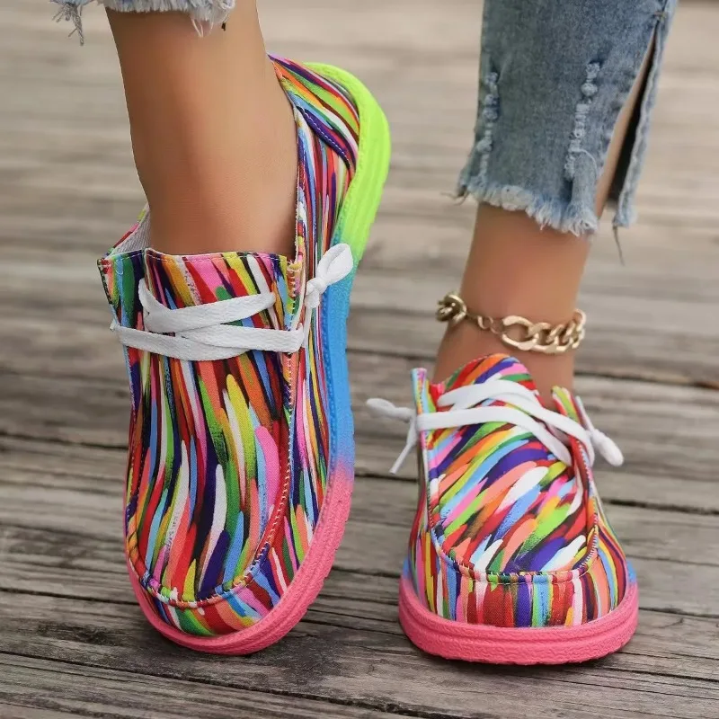 

High Quality Women's Ethnic Rainbow Canvas Shoes Autumn Round Headed Multi Color Printed Lace Up Casual Wear Women's Flat Shoes