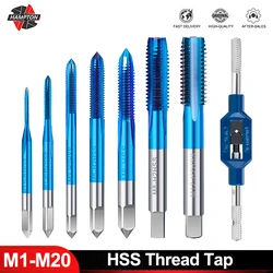 HSS Thread Tap Set M1-M20 Metric Plug Tap with Wrench 1-10Pcs Nano Blue Coated Straight Flute Thread Tap for CNC Machine Tools