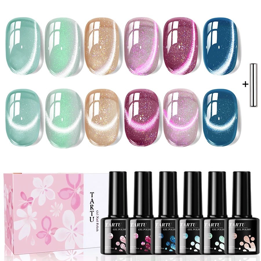 6개 고양이 눈 젤 네일 폴리쉬 세트 반영구 UV/LED 네일 아트 매니큐어 키트 핑크 그린 퍼플 색상