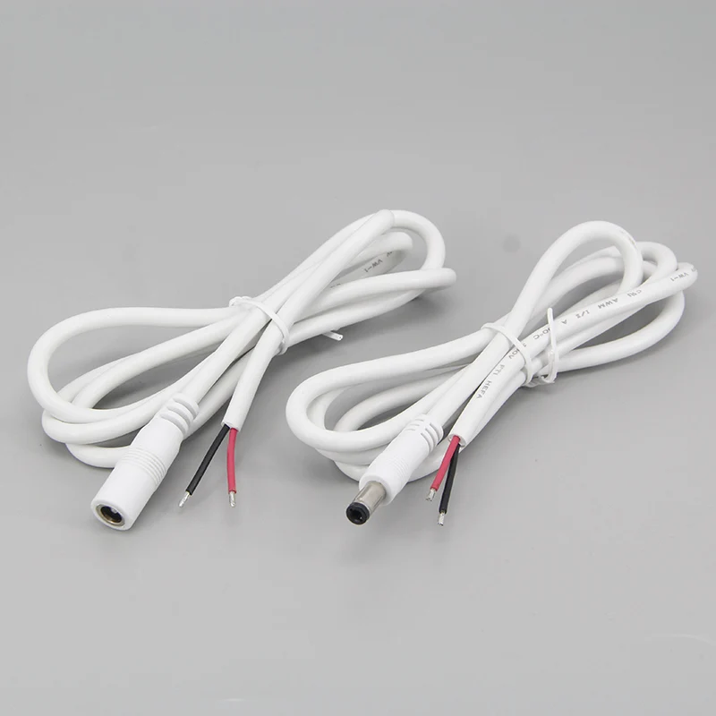 DC macho e fêmea conector de alimentação, cabo de extensão, fio de cobre branco para LED Strip Light, 5.5x2.1mm, 18awg, 5.5x2.5mm, W28, 1m