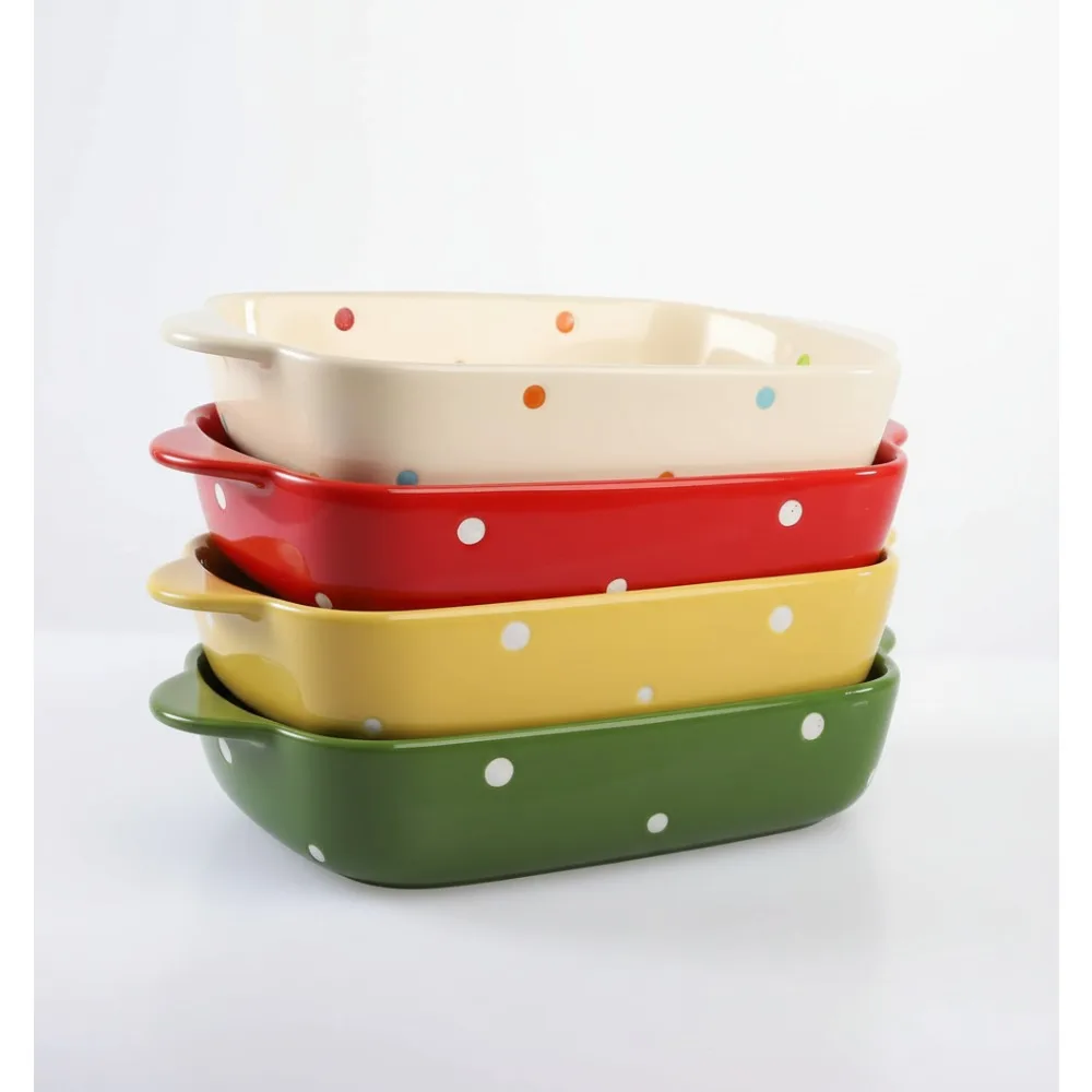 

4-Piece Ceramic Casserole Set, 7x5" Rectangular Baking Dishes with Handles, Oven & Microwave Safe, Polka Dot Design