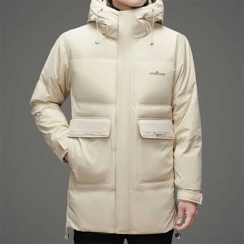 YEAE-casaco de pato branco de comprimento médio masculino, casaco com capuz quente, espessamento de alto peso, à prova de frio, roupas da moda, inverno 2024