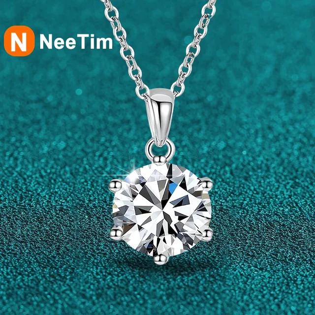NeeTim Naszyjnik z moissanitem 1ct 2ct 4ct dla kobiet, srebro próby 925, diament laboratoryjny z pozłacaną zawieszką, biżuteria na wesele i imprezy