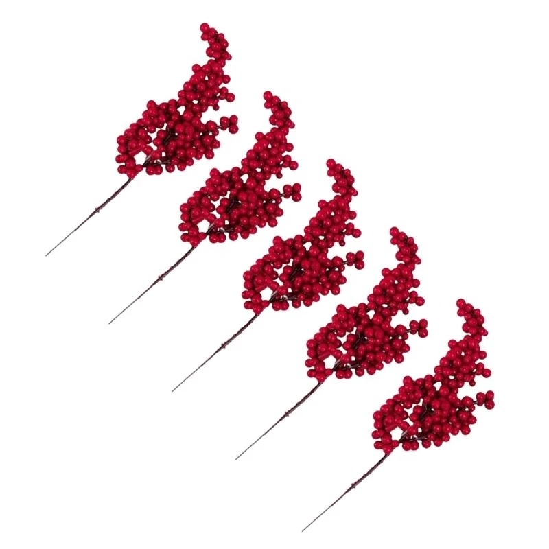 50Pcs Artificial Red PVC Berries Branches With Bendable Iron Wire Stems For Christmas Tree Wreath Mantels Decoration 15UB