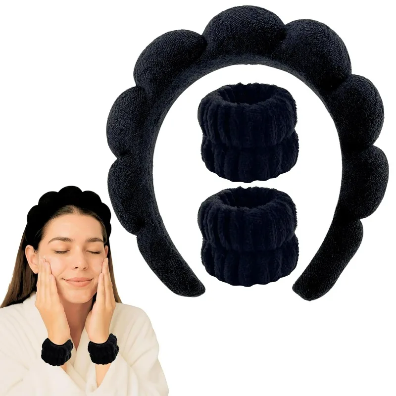 3PCS Stylish Washing Headband Set Wristbands Scrunchies Spa Bubble Headband for Women Kids Washing Face Makeup Shower Skincare