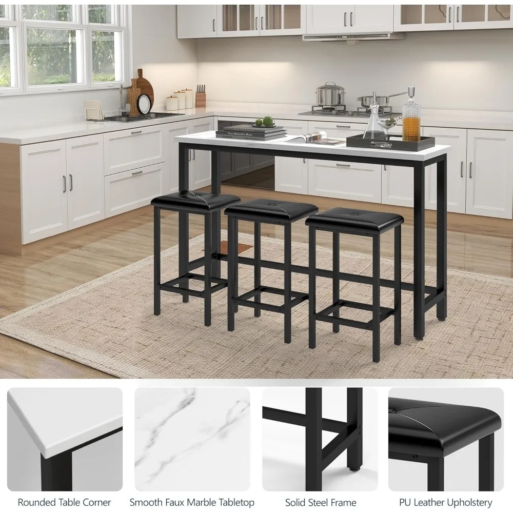 طقم طاولة وكراسي بار مكون من 4 قطع مع 3 مقاعد بار منجدة من البولي يوريثان، سطح طاولة من الرخام الصناعي 60.2، علامة تبويب حديثة لارتفاع العداد #5