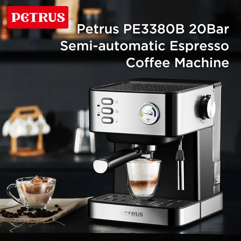 Petrus Espresso Coffee Machine Semi-automatic Coffee Maker Stainless Steel 20 Bar With Steam Milk Frother For Home Barista PE338