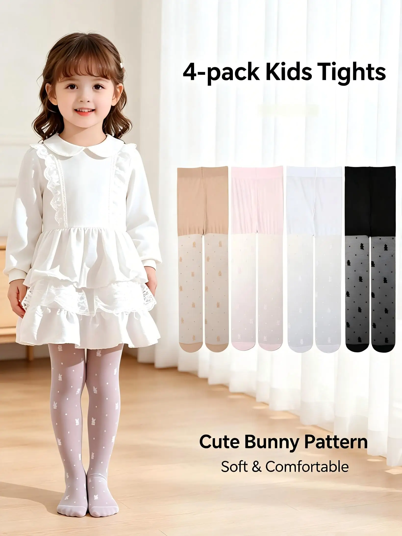 4Pcs Girls Bunny Print Tights 0-14Y UPF50 UV Protection Ultra-Thin Elastic Breathable Nylon Pantyhose Kids Summer Leggings
