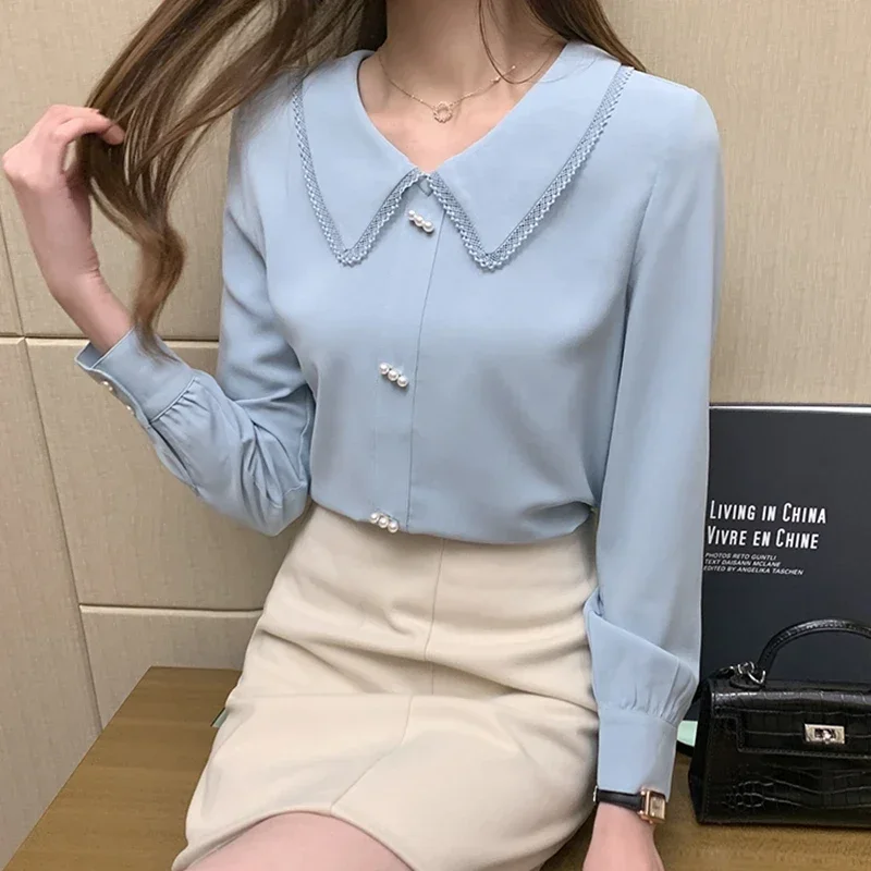 Casual Chiffon Shirts Women 2024 Elegant Korean Fashion Clothes Blusas Mujer Long Sleeve Office White Purple Ladies Tops Blouses