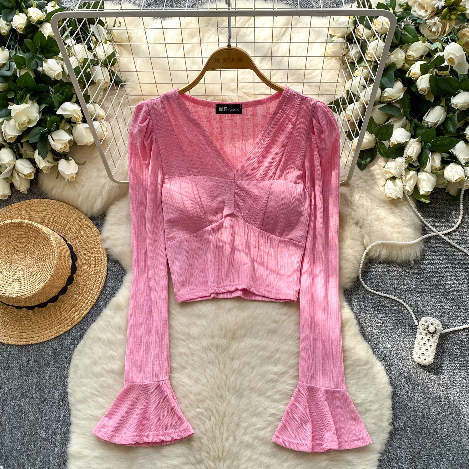 

Sexy flare sleeve solid long sleeve slim Tanks Chic Women Party Top Y2k High Street women clothing