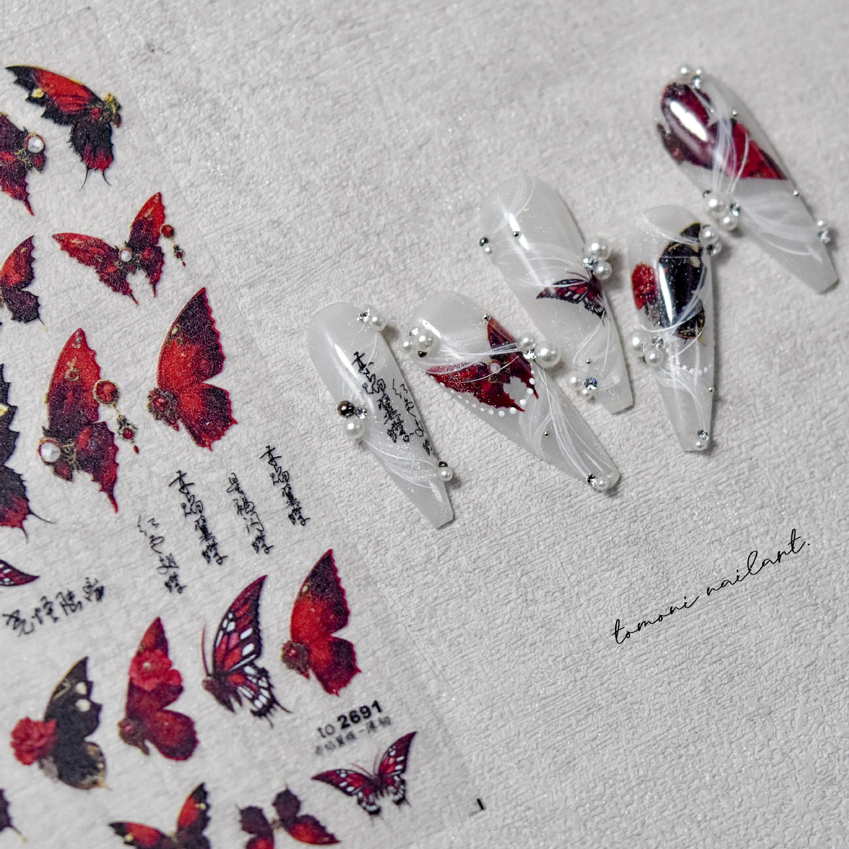 1 Sheet 3D Realistic Thin Mystical Blood Red Wing Gem Heart Dark Butterfly Adhesive Nail Art Stickers Decals Manicure Charms