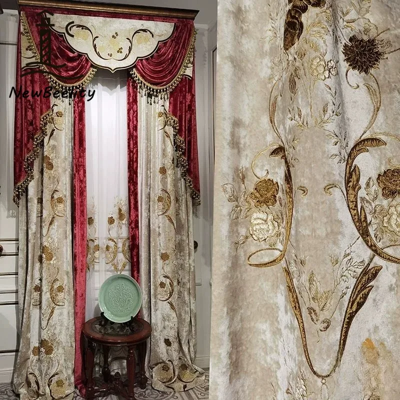 New Luxury Villa European Style Retro Window Curtains for Living Room Bedroom Dining Tulle Valance Velvet Embroidered Blackout