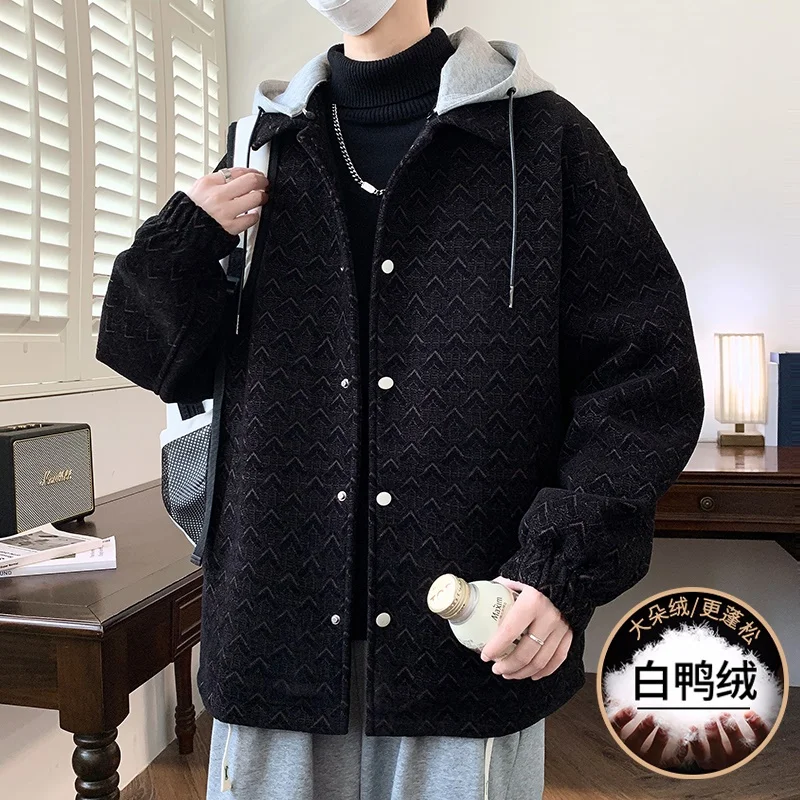 Fashion Men's Hooded Button Duck Down Jackets New 2025 Winter Casual Puffer Coats High Street Wear Windproof Padded Top Clothing