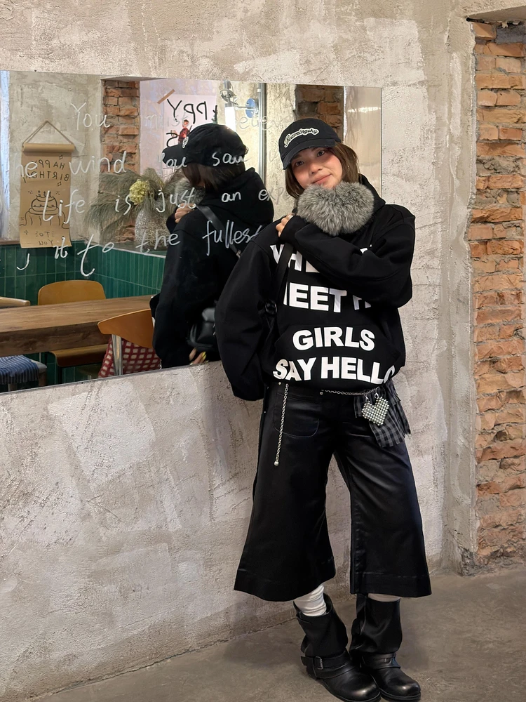 

Ретро-американский уличный стиль: модный брендовый худи с буквенным принтом, осенне-зимняя новинка, свободный крой, универсальный, женский, 100% хлопок