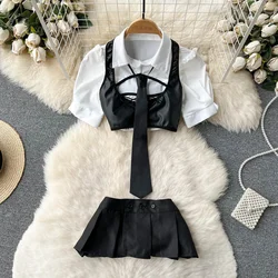 Hotsweet Preppy Erotic Skirt Suits Fashion Short Sleeve Tops+Vest+Button Mini Skirt Suit Women Hollow Out Sexy 2 Pieces Sets