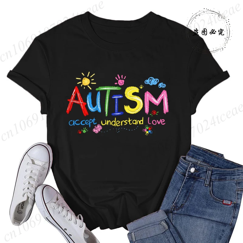 Brushstroke Autism Print Women's Streetwear T-Shirts Female T Shirts Autism Awareness Fashion Graphic Tees Tops Women Clothing