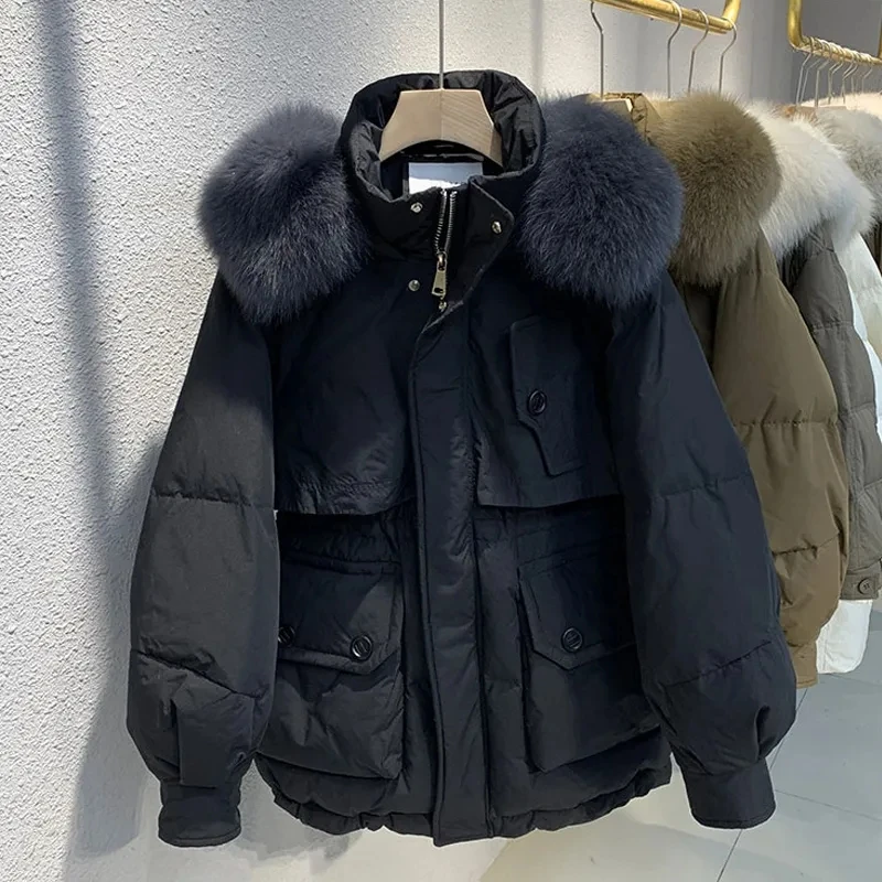 本物のアライグマの毛皮の襟付きダウンジャケット レディース 2025 冬 ファッション ゆったり 厚手 ホワイトダックダウンコート 女性用 暖かいパーカー オーバーコート