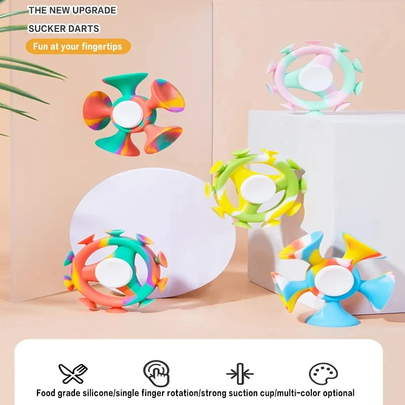 Fun Silicone Fidget Spinner com sucção de dardos, mão colorida Spinner, brinquedos anti-stress para adultos e crianças, presente