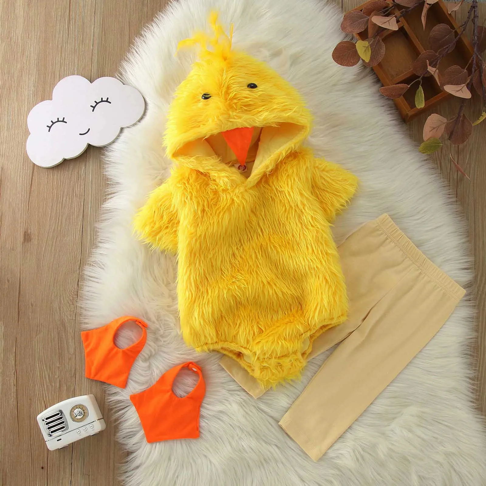 New Infant Boys Girls Cosplay Chicken Animal Costume Winter Fleece Hooded Romper Bodysuits Pants Foot Sleeve Costumes Outfits