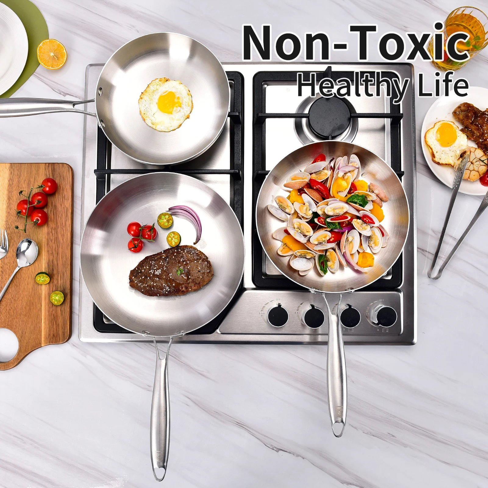 مقلاة من الفولاذ المقاوم للصدأ، متوافقة مع الموقد، مناسبة لقلي شريحة لحم، وقلي البيض