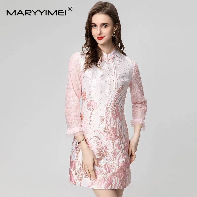 MARYYIMEI Fashion Women's New Chinese-Style Bow Stand-Up Collar Petal Sleeved Jacquard Embroidered Mesh High-Waisted Mini Dress