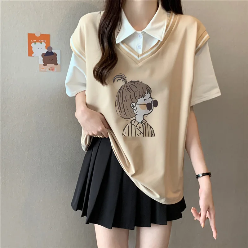 CGC Korean Fashion Polo Flip Short Sleeve Tees Cartoon Printing 100% Cotton T-shirt Summer Loose Top Women Female Clothing