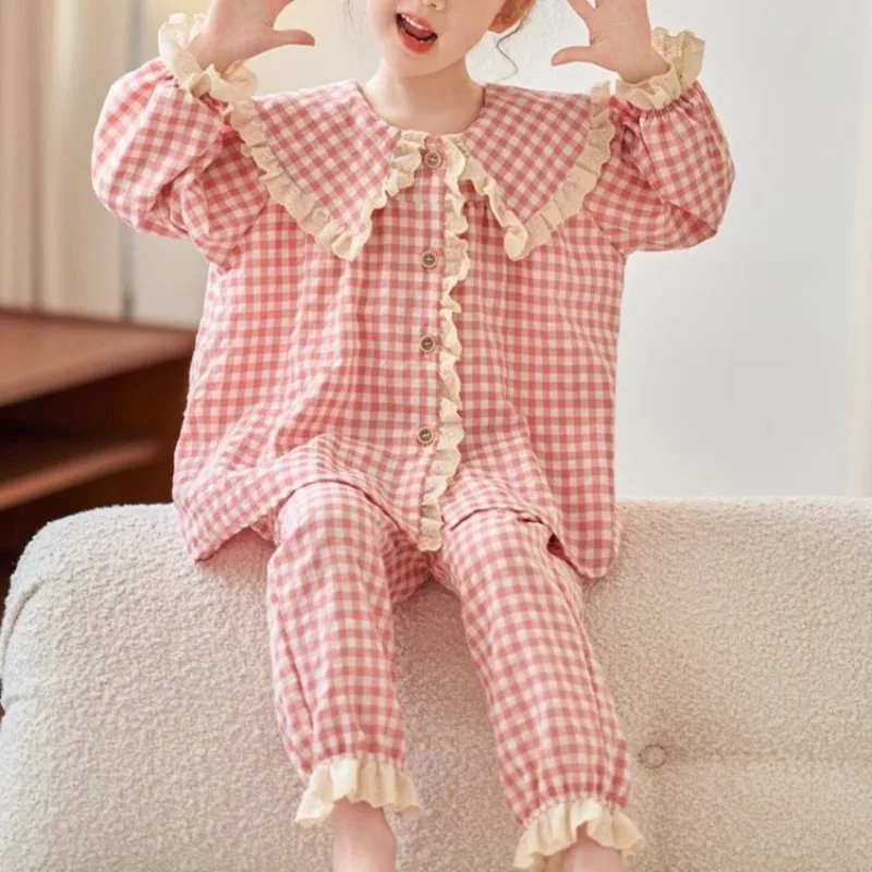 Girls' Checkered Pajamas Long Sleeve Spring Autumn Air Conditioned Princess Homewear Set