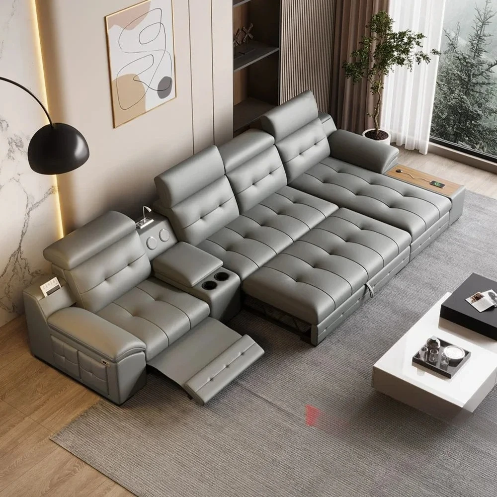 Customizable Electric Reclining Sectional Sofa Bed with Cup Holder & Adjustable Headrests – Italian Genuine Leather Convertible