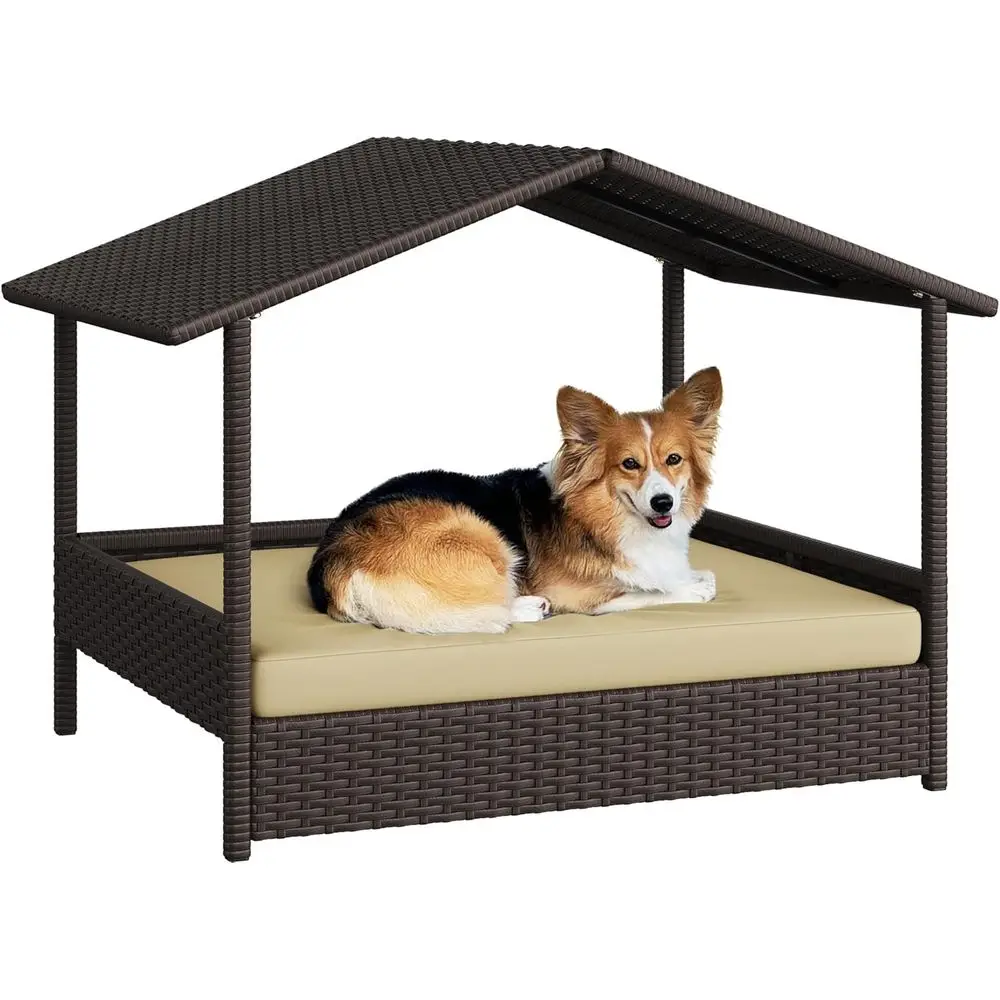 

Wicker Dog House Outdoor Indoor with Canopy, Elevated Dog Shelter Dog Bed with Cushion for Small/Medium Dogs, Shade for Deck, Patio, Yard, Pool Brown House, Khaki Cushion