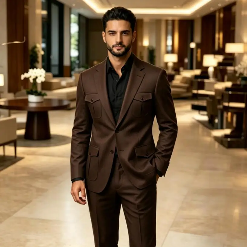 Men Safari 2 Piece Suit Dark Brown Multi‑Patch Pockets Blazer Pants Notched Lapel Business Party Wedding Formal Suits For Men