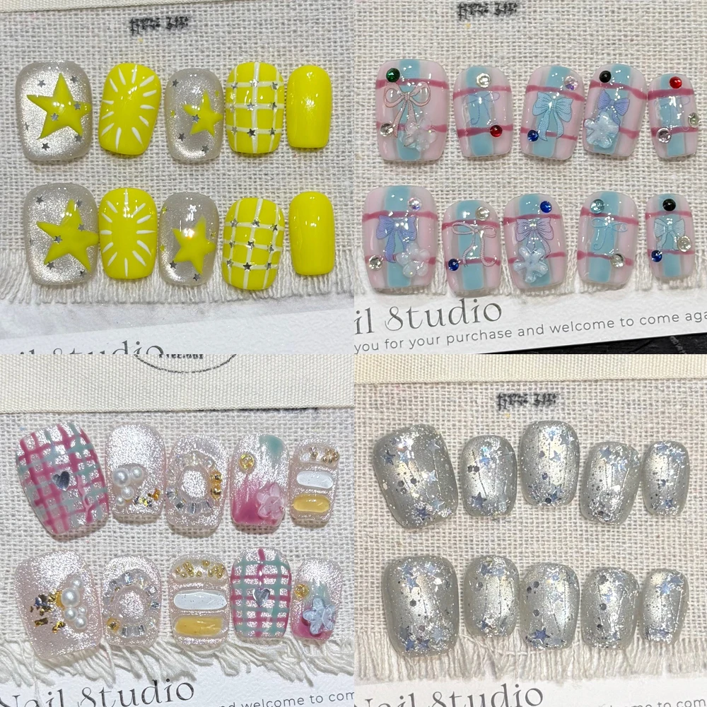 

10Pcs Shiny Cat Eyes Dopamine Handmade Short Reusable Press On Nails Flower Star Diamond Bowknot Sequins Nails Party Sticker