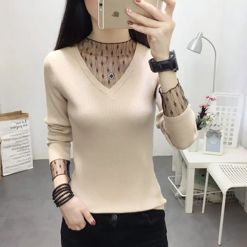 Women\'s Clothing V-neck Lace Mesh Gauze Sweaters Autumn Fashion Loose Long Sleeve Knit Pullovers Lady Elegant Chic Tops 40-80Kg